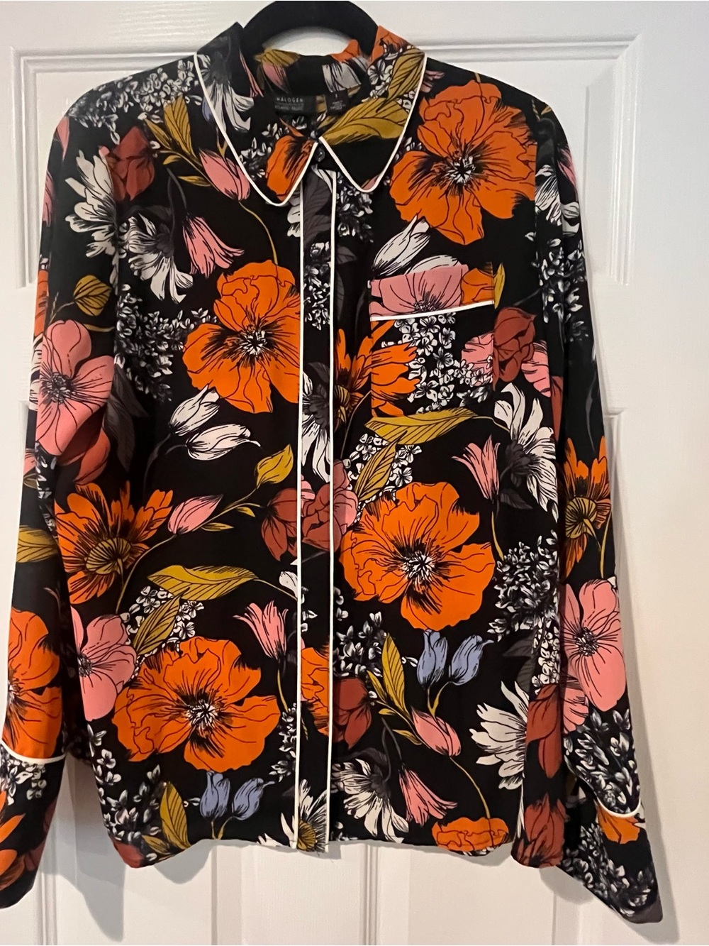 Halogen Black Floral Button-Up Blouse with Orange & Pink Prints